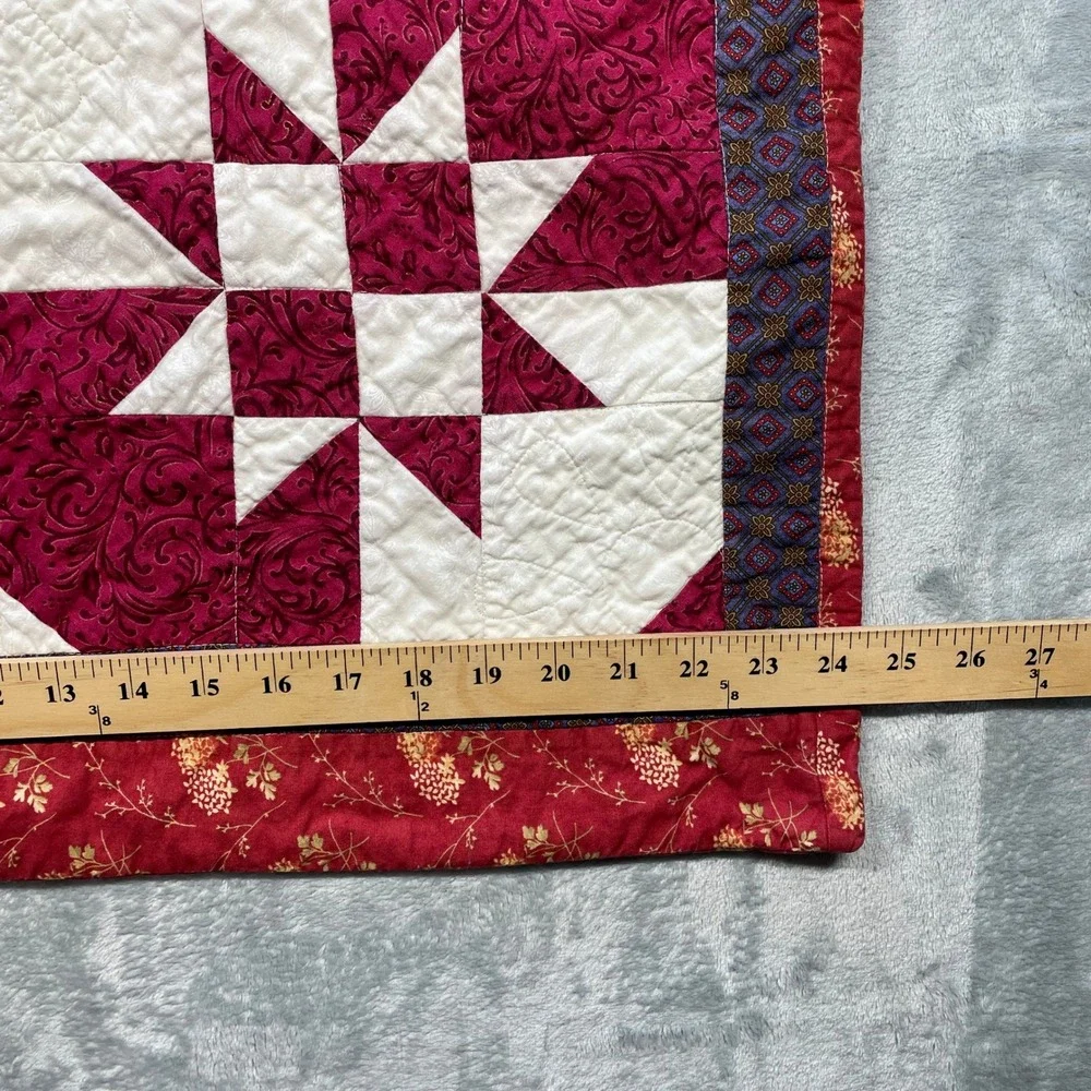 Handmade Quilted Lumbar Pillow Cover Star Pattern Red Burgundy Floral Border